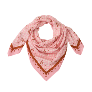 Foulard AMOUR FOU fond rose motif marron 100cm - ATELIER WAGRAM