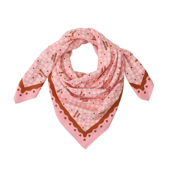 Foulard AMOUR FOU fond rose motif marron 100cm - ATELIER WAGRAM